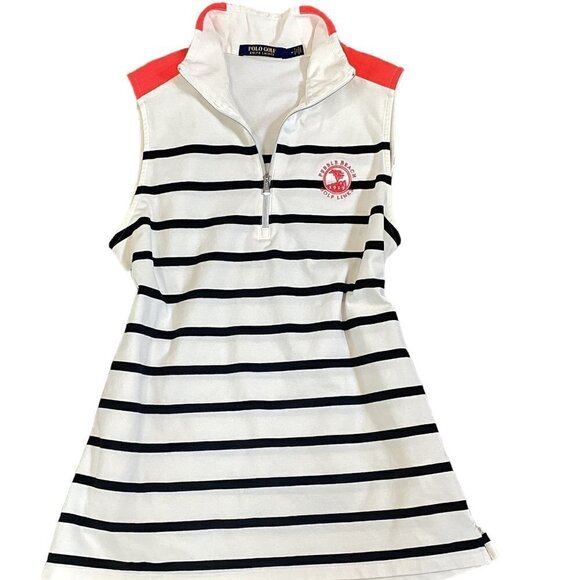 Ralph Lauren Polo Golf Wm M Sleeveless 1/4 Zip Striped Pebble Beach Logo 261E - Picture 1 of 10